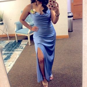 Periwinkle lace cowl neck dress